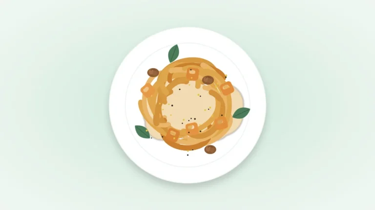 Illustration: ein Teller Süßkartoffelpasta von oben mit Salbeiblättern, Walnüssen und Süßkartoffelwürfeln