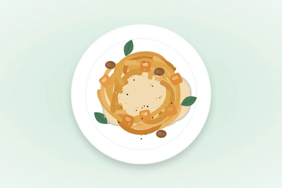 Illustration: ein Teller Süßkartoffelpasta von oben mit Salbeiblättern, Walnüssen und Süßkartoffelwürfeln